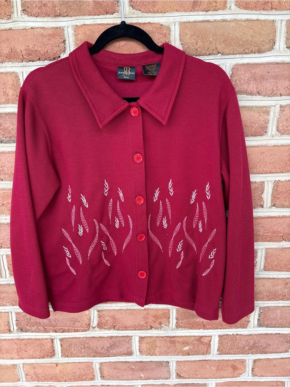 Vintage Red Button-Up Cardigan with Embroidered Wheat Detail